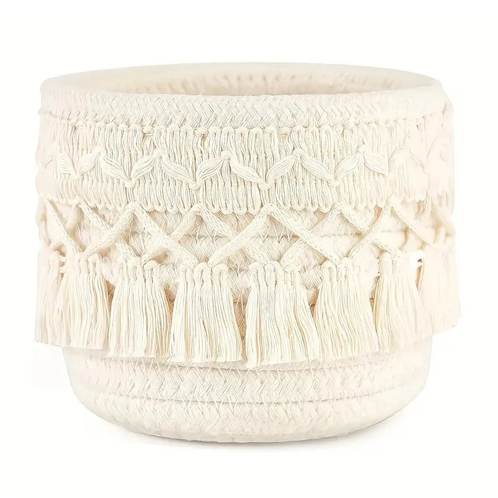 Panier de Rangement Tressé à Pompons - Corde de Coton