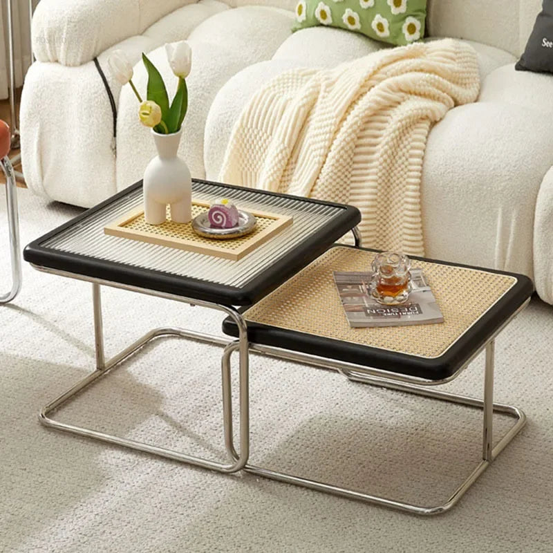 Table Basse Verre et Inox - Style Japonais Rétro