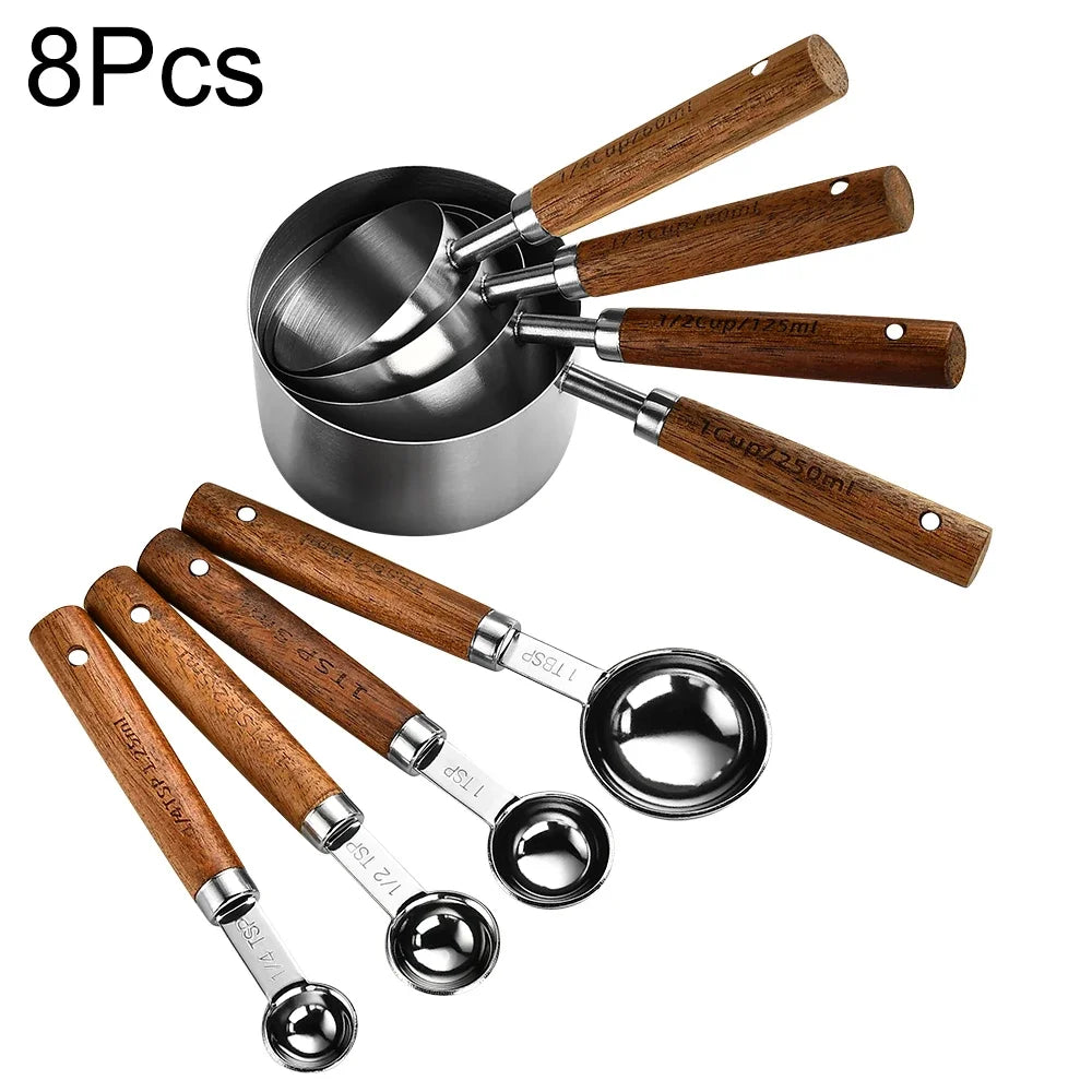Ensemble Tasses et Cuillères à Mesurer Doré Manche Bois