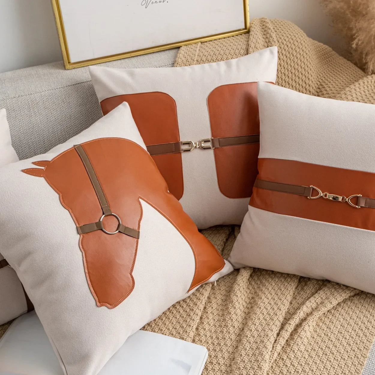 Housse de Coussin Simili Cuir Style Selle Coton Slub