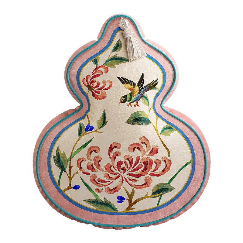 Coussin Décoratif Forme Gourde - Motif Floral et Oiseaux