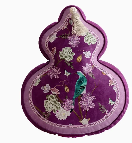 Coussin Décoratif Forme Gourde - Motif Floral et Oiseaux