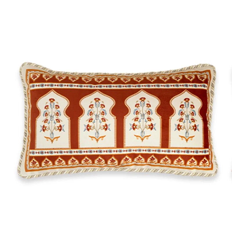 Housse de Coussin Lombaire Velours Rouge Brique Floral