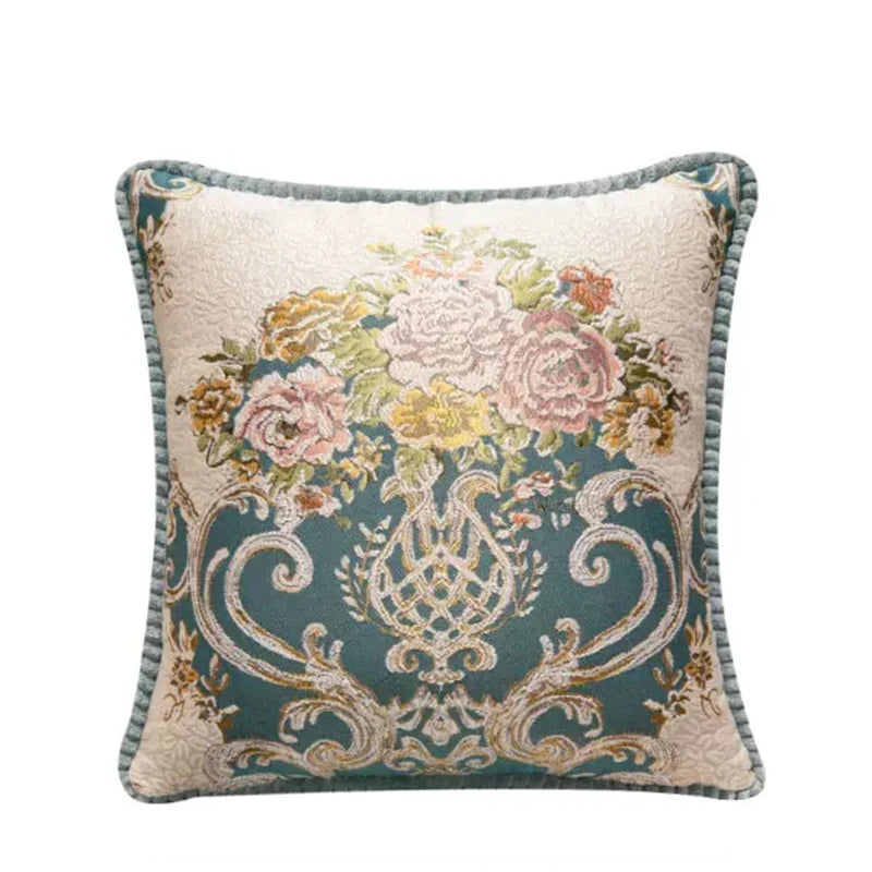 Housse de Coussin Vienne Jacquard Floral Européen avec Pompons