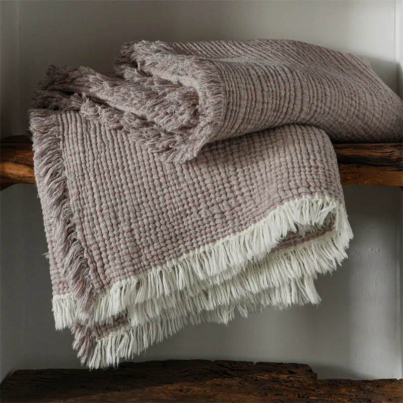 Couverture à Pompons en Coton et Lin
