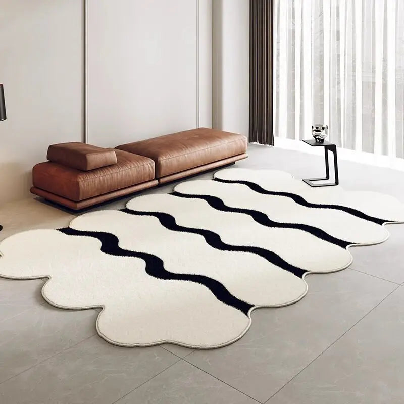 Wavy Area Rug – Black & White Fluffy Pile