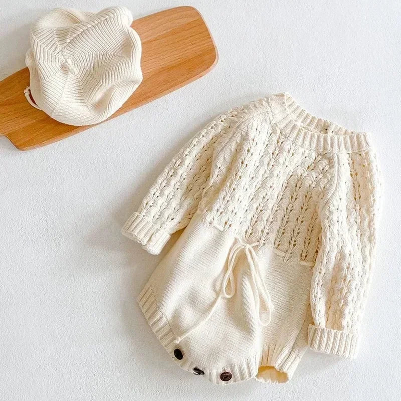 Barboteuse Fille Tricot Ajouré Manches Longues