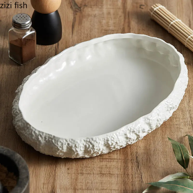 Assiette en Céramique Texture Rocheuse Blanc Pur