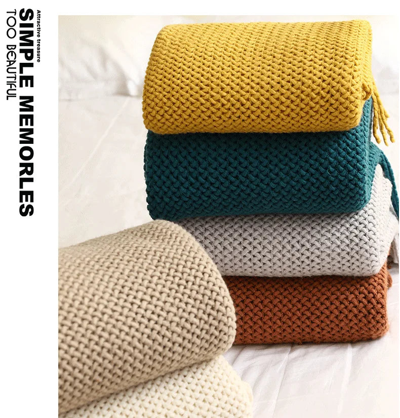 Plaid Tricoté Jaune Moutarde - Franges Bohèmes