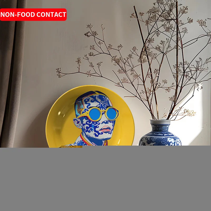 Assiette Décorative Céramique Jaune et Bleu Art Moderne