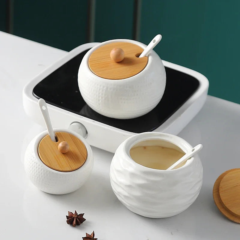Salière et Sucrier en Céramique Blanche avec Cuillère