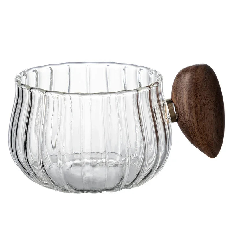 Tasse à Café Verre Rayé Résistant à la Chaleur Manche Bois