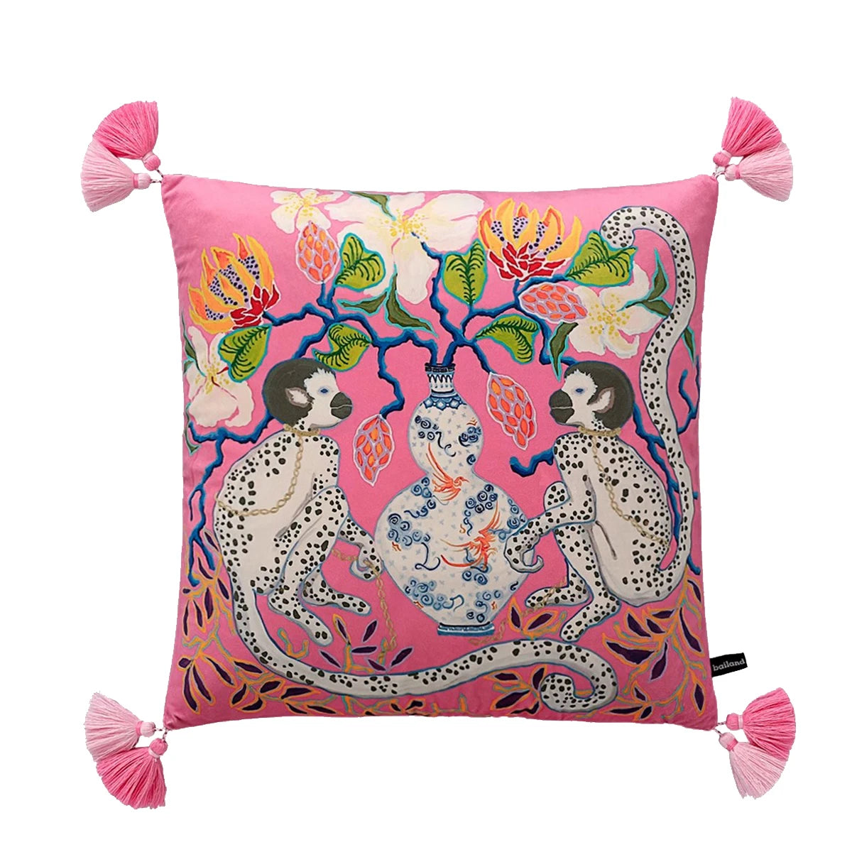 Housse de Coussin Velours Motif Léopard à Pompons