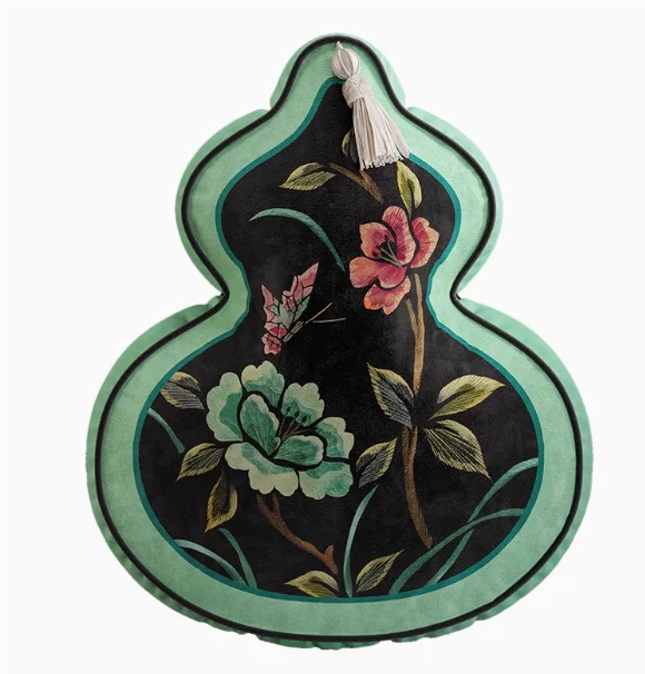 Coussin Décoratif Forme Gourde - Motif Floral et Oiseaux