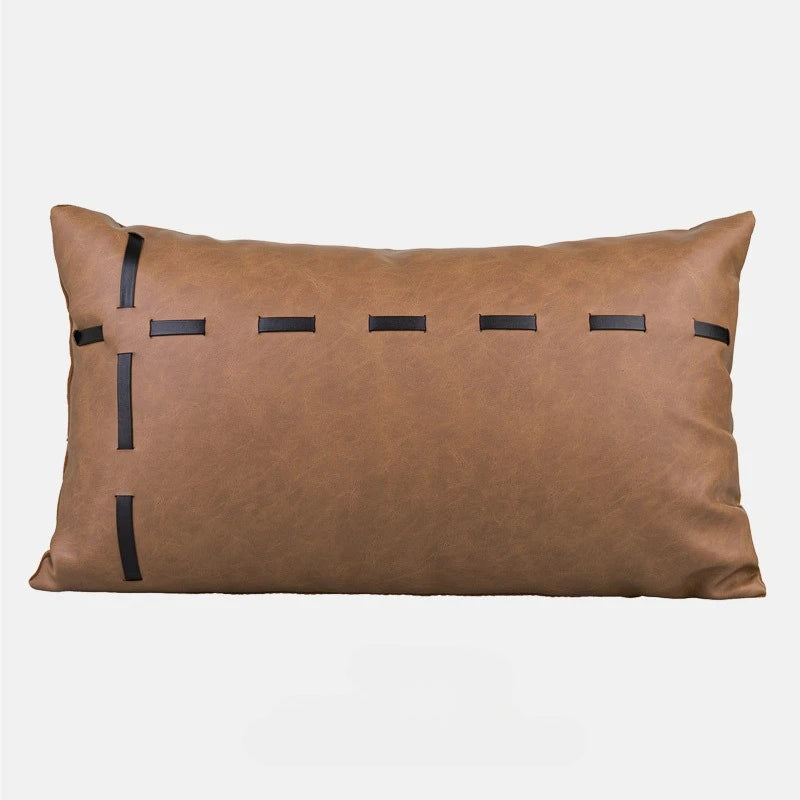 Housse de Coussin Beige Brun Patchwork Cuir Style Français