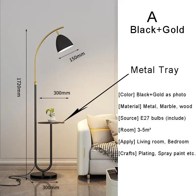 Lampadaire sur Pied Nordique - Abat-Jour Tissu Noir et Or