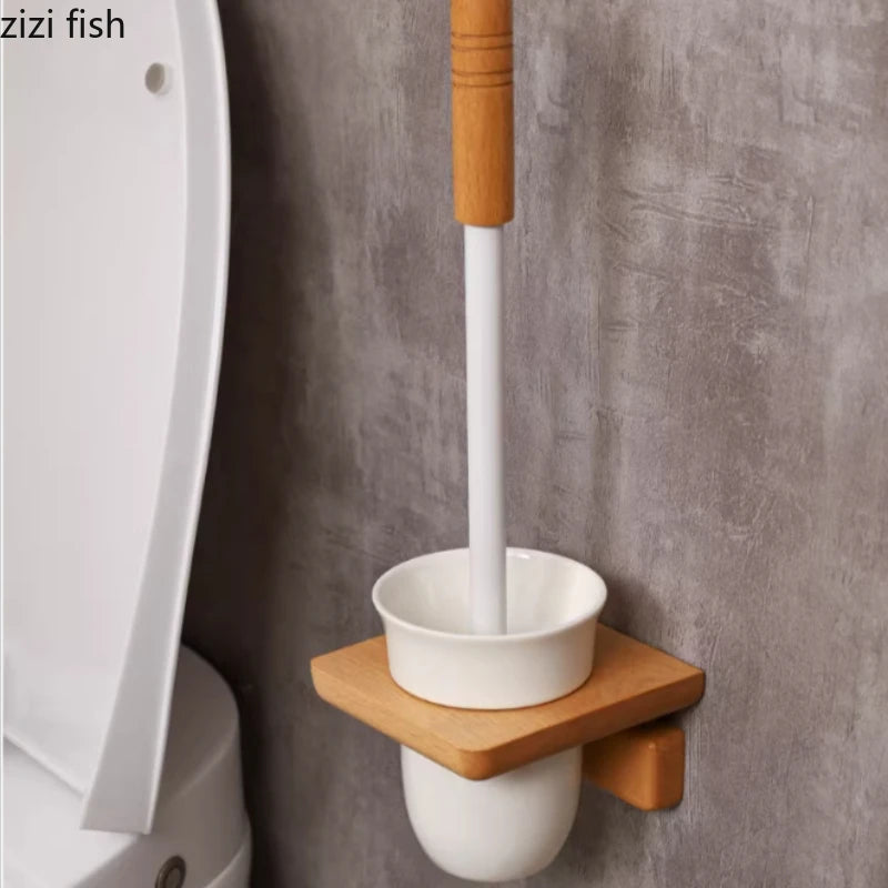 Porte-Brosse WC Mural en Bois et Céramique - Sans Perçage