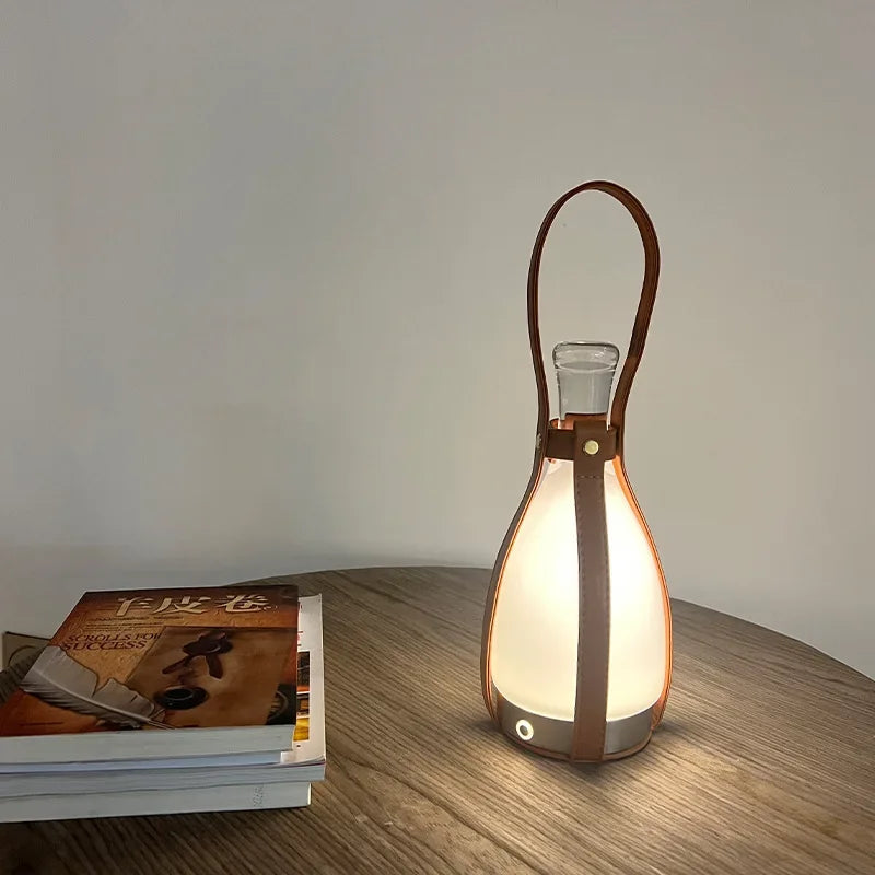 Lampe Bouteille Verre Nordique LED Portable Cuir