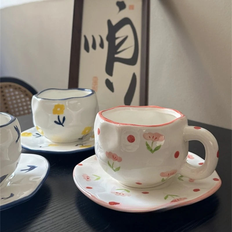 Tasse et Assiette Céramique Peintes Main Style Japonais Rétro