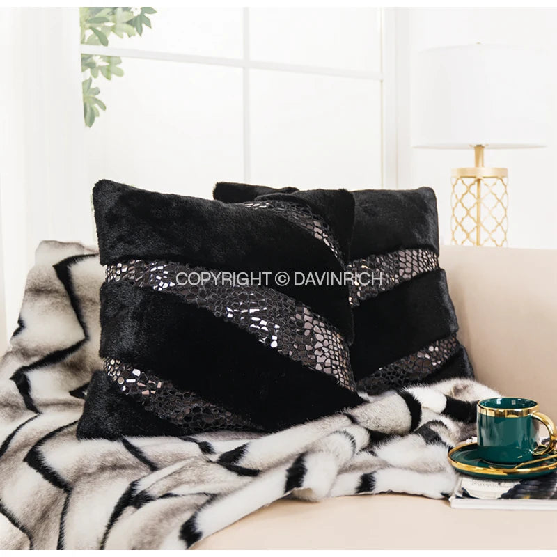 Housse de Coussin Fourrure Renard Sequins Style Italien Moderne