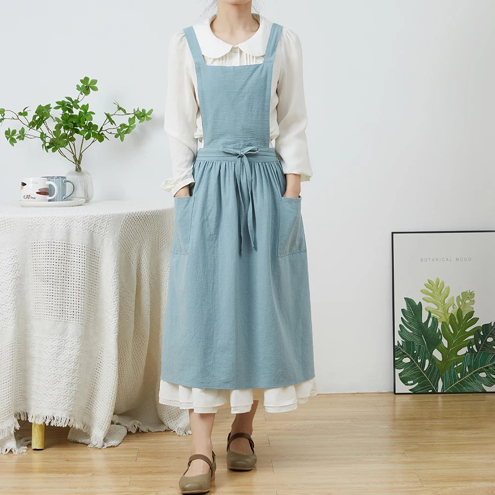 Tablier Robe Plissé Coton Lin Croisé Dans le Dos
