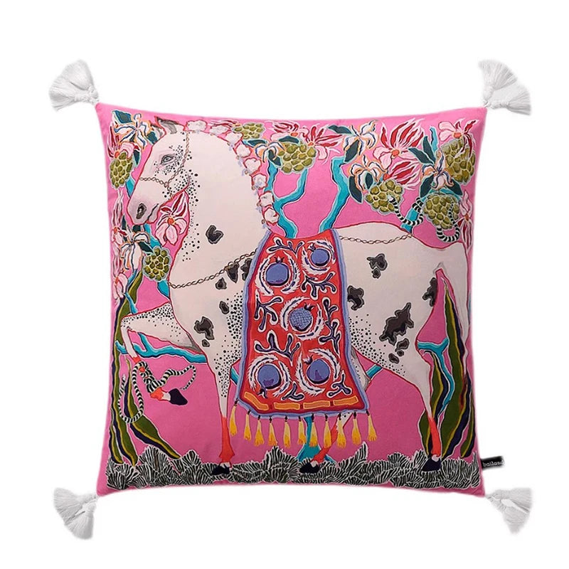 Housse de Coussin Velours Motif Léopard à Pompons