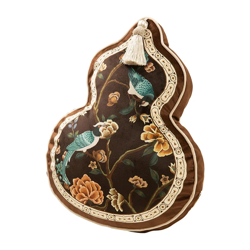 Coussin Décoratif Forme Gourde - Motif Floral et Oiseaux
