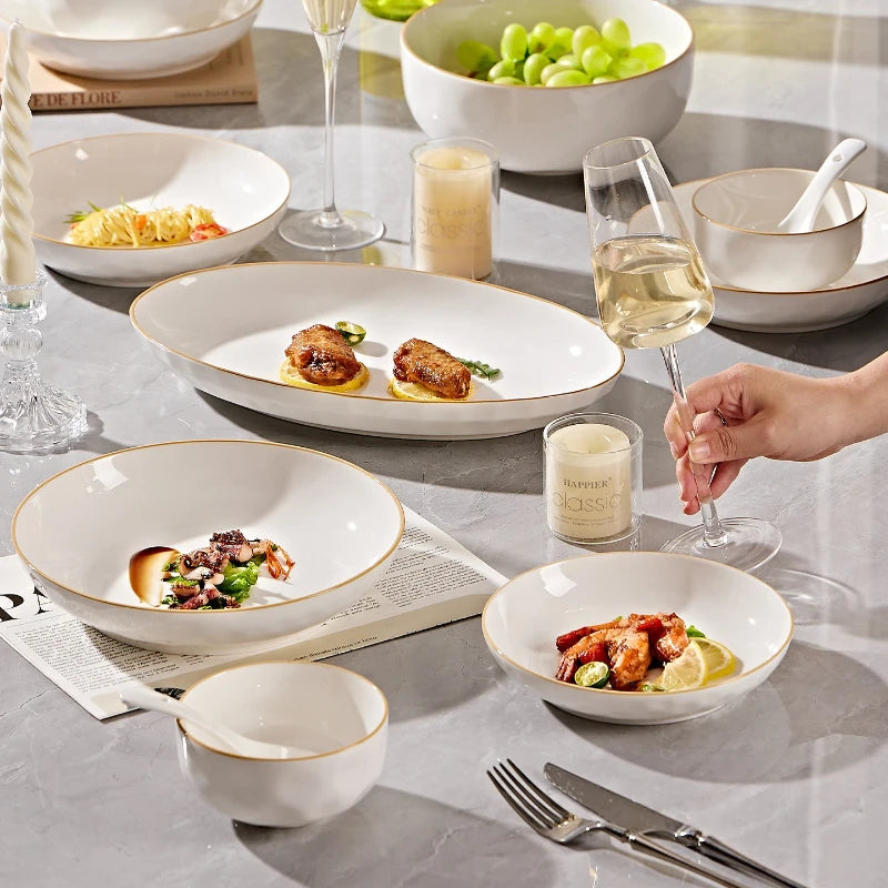 Service de Vaisselle Blanc Liseré Doré Style Coréen 8 Personnes