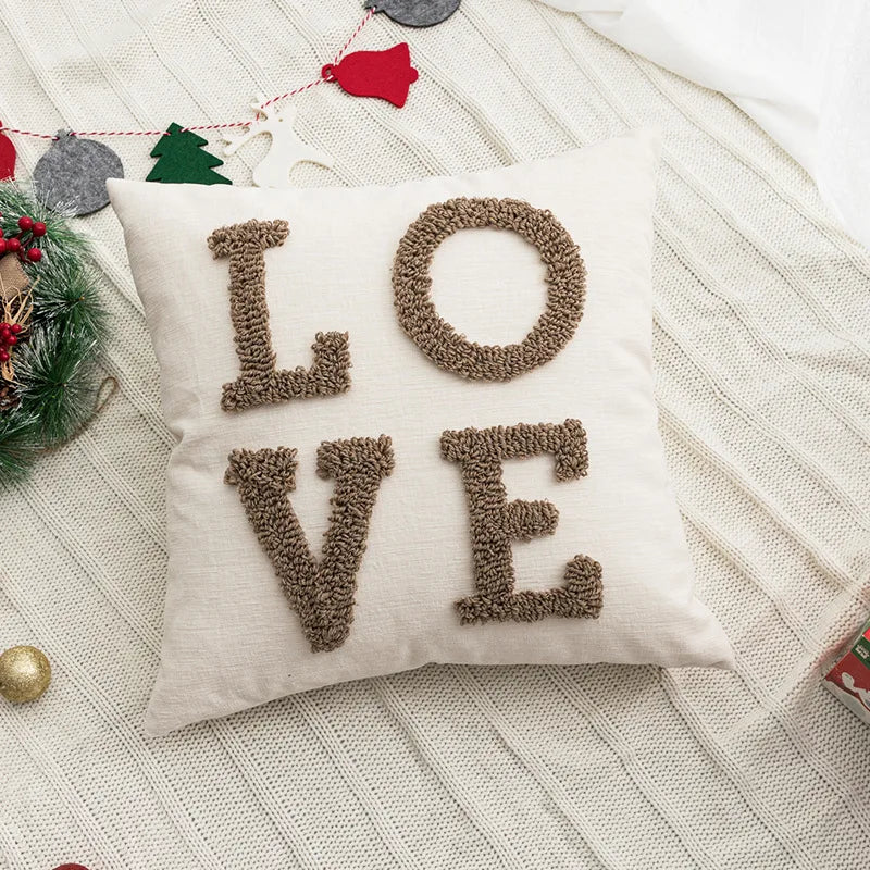 Housse de Coussin Nordique Noël Beige Blanc Brodée Lettres