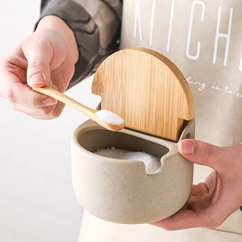 Pot à Épices en Céramique Couvercle Bambou avec Cuillère