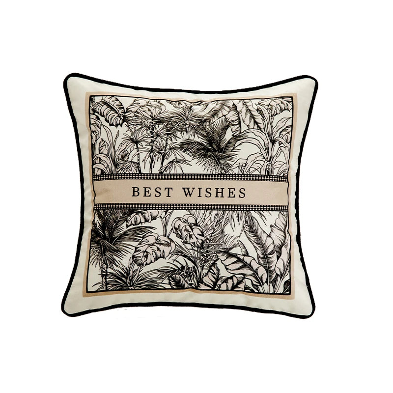 Housse de Coussin Florale en Velours - Style Rétro Noir et Blanc