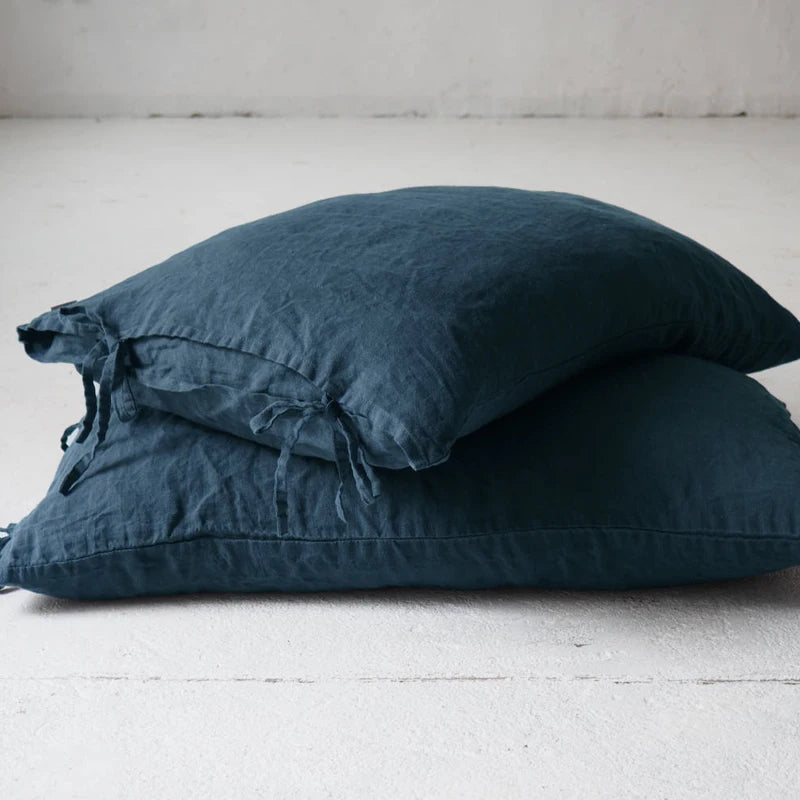 Housse de Coussin Lin Pur Nœud Papillon Bleu Foncé