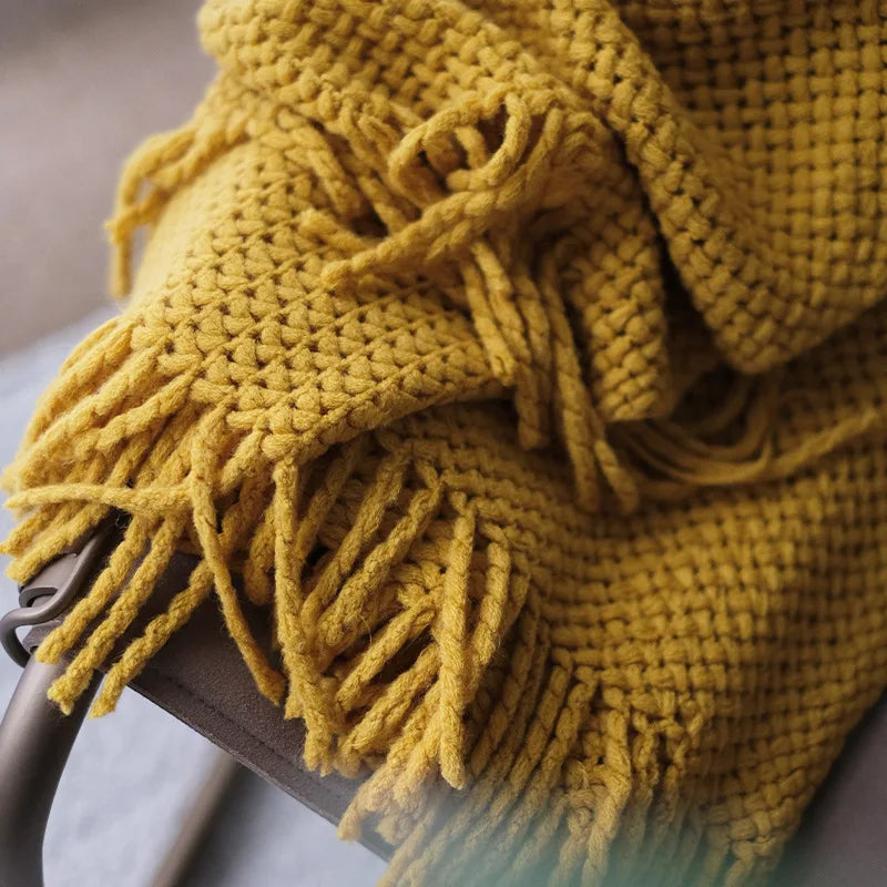 Plaid Tricoté Jaune Moutarde - Franges Bohèmes
