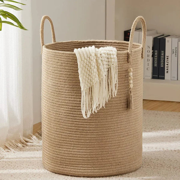 Grand Panier à Linge Haut Tressé avec Poignées Pliable