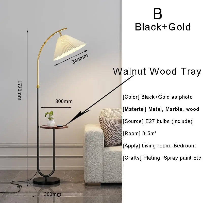 Lampadaire sur Pied Nordique - Abat-Jour Tissu Noir et Or