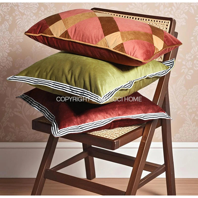 Beige & Gold Striped Lumbar Pillow Cover – Velvet Patchwork, 45x65cm
