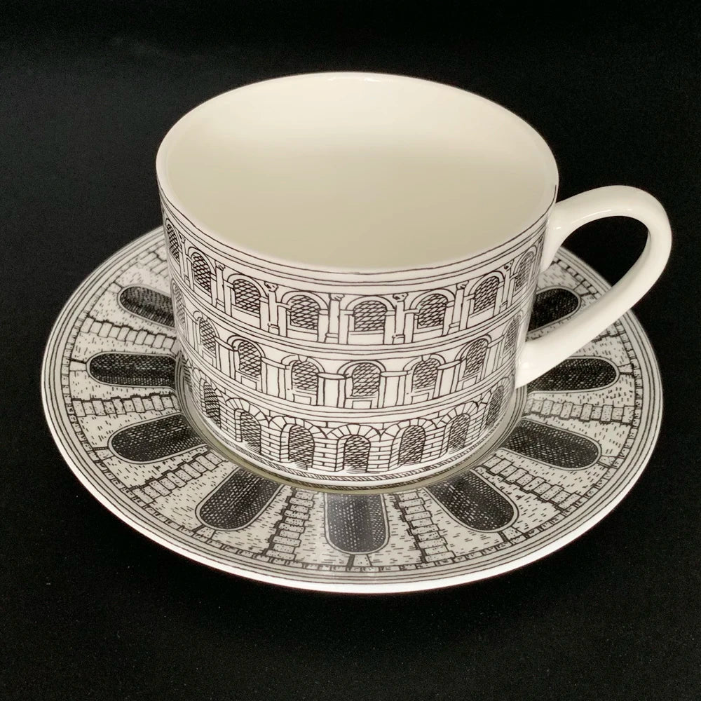 Tasse à Café Céramique Motif Château avec Assiette à Dessert