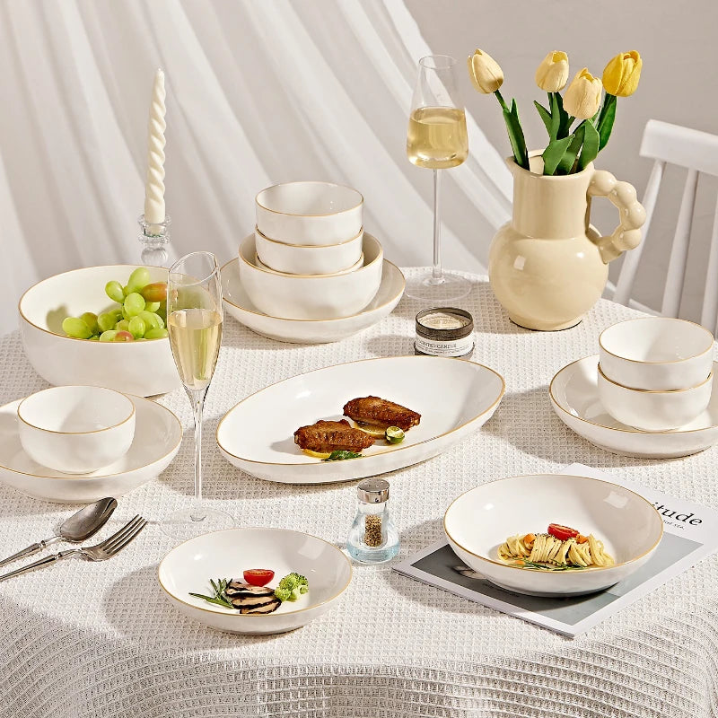 Service de Vaisselle Blanc Liseré Doré Style Coréen 8 Personnes