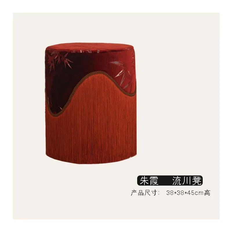 Tabouret Bas en Velours Frangé - Style Chinois Moderne