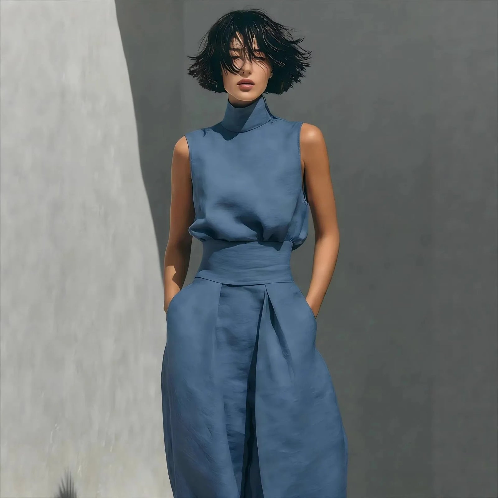 Fashion Elegant 2Pc Pants Set 2026 Summer Sleeveless Turtleneck Top+Wide Leg Pants High Street Casual Two Piece Set Women Outfit