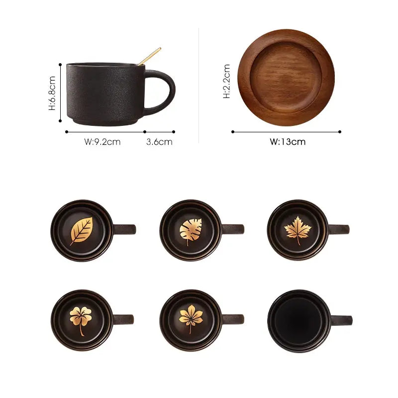 Tasse en Céramique Noire Nordique Givrée avec Soucoupe Bois