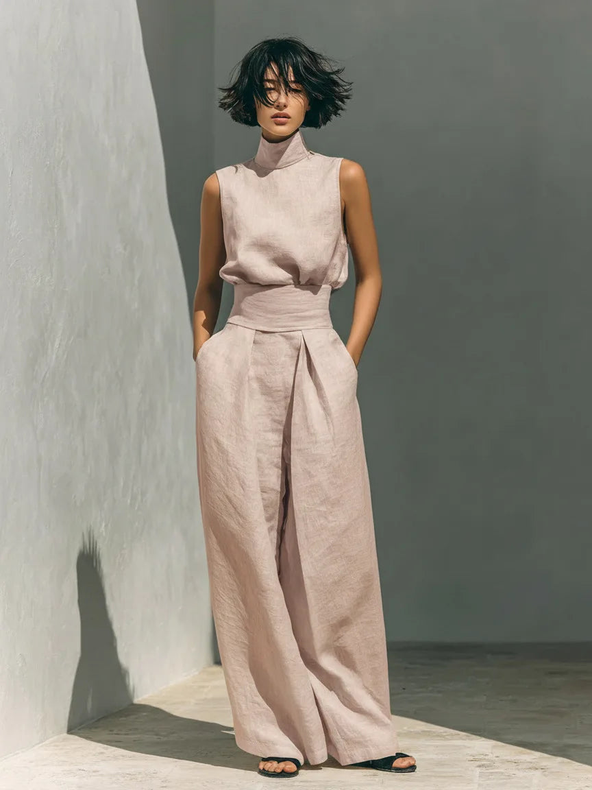 Fashion Elegant 2Pc Pants Set 2026 Summer Sleeveless Turtleneck Top+Wide Leg Pants High Street Casual Two Piece Set Women Outfit