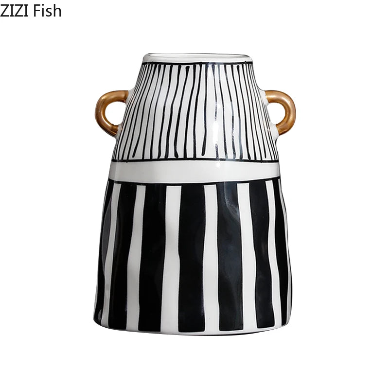Vase Céramique Rayures Noir et Blanc pour Fleurs