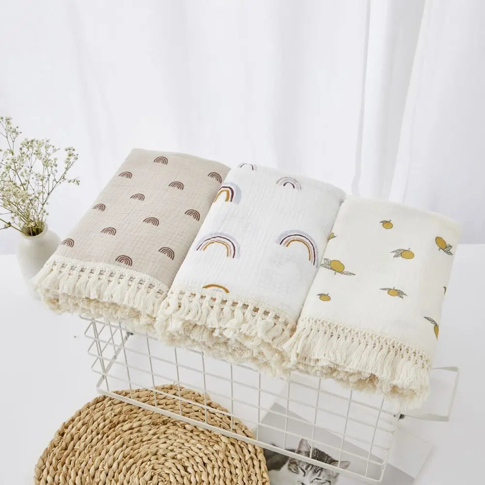 Couverture Bébé en Mousseline de Coton à Pompons
