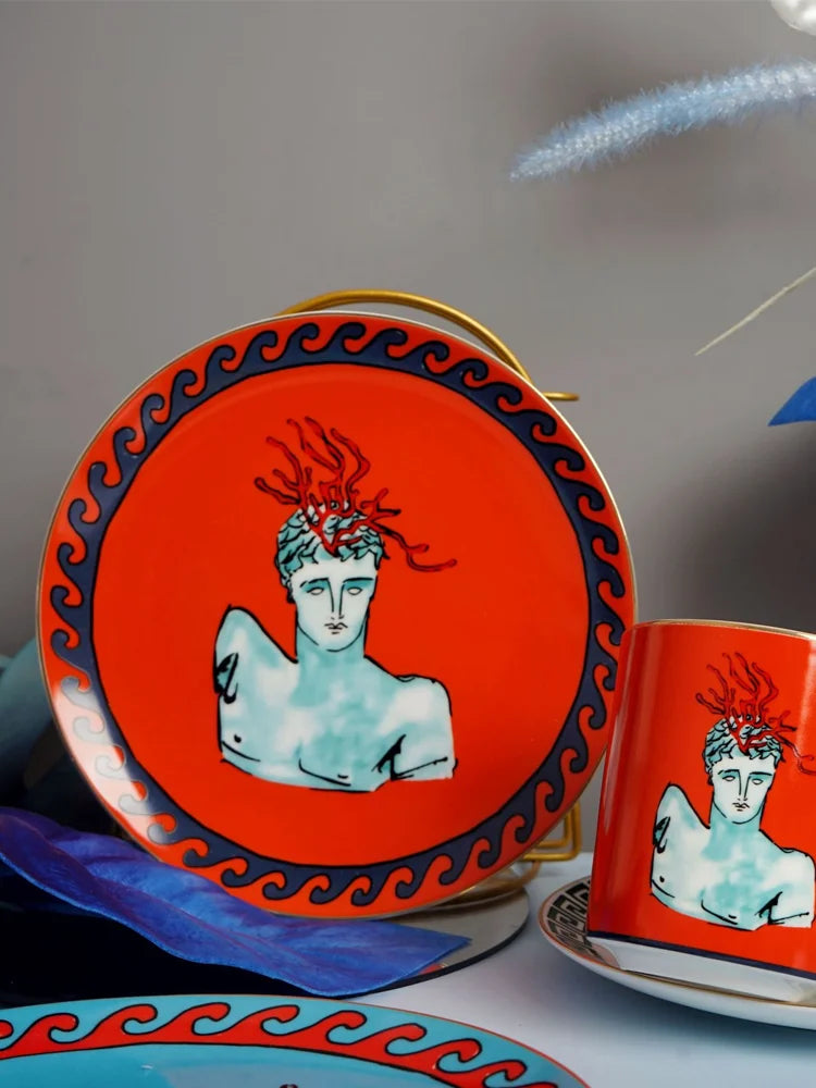 Tasse à Café en Porcelaine Rouge avec Plateau Rond