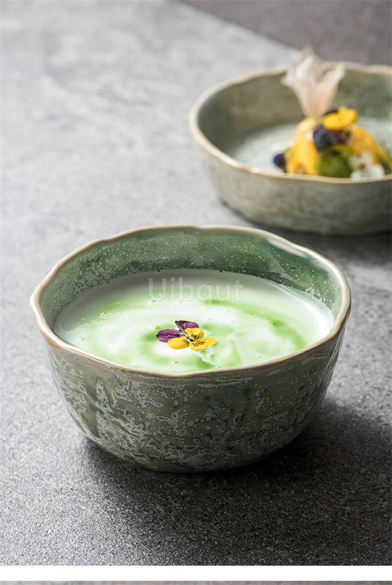 Bol en Céramique Vert Style Japonais pour Salade et Soupe