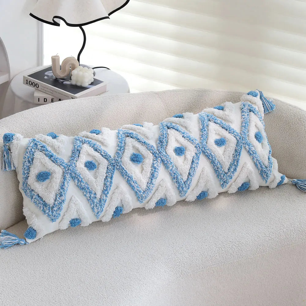 Housse de Coussin Lombaire Bohème - Losanges Bleu et Blanc