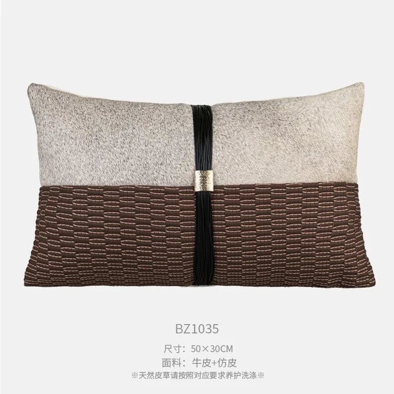 Housse de Coussin Peau de Vache Grise Patchwork Brun Tissé