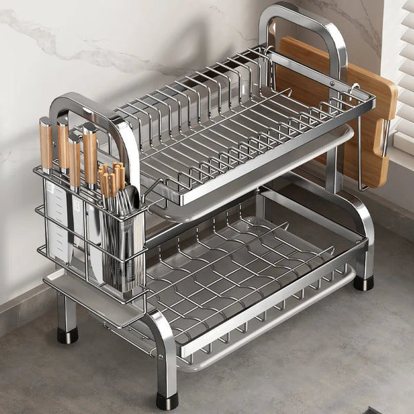 Égouttoir à Vaisselle Compact Anti-Rouille avec Support Ustensiles