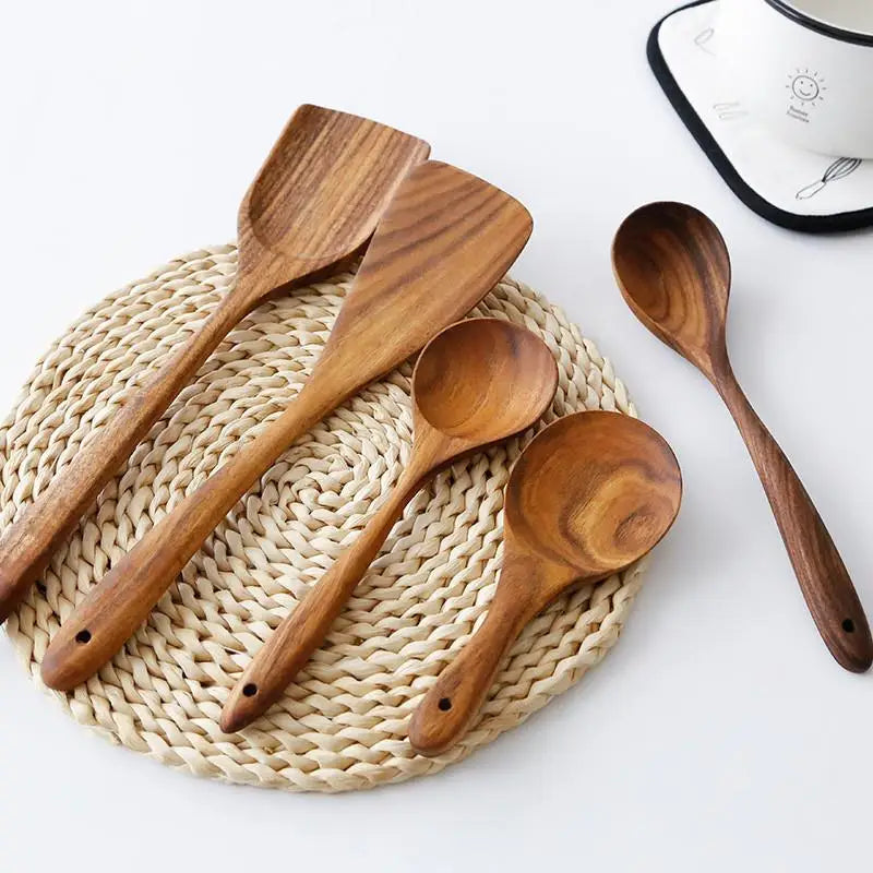 Set d'Ustensiles de Cuisine en Bois de Teck Naturel Thaïlandais